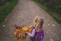 Chica sosteniendo hojas de otoño - foto de stock