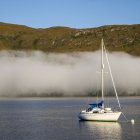 Парусник на озере с туманом — стоковое фото