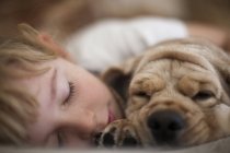 Mädchen schläft mit Hund — Stockfoto