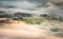 Mattina nebbia che copre piccolo villaggio — Foto stock
