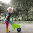 Menino com carrinho de mão de brinquedo — Fotografia de Stock