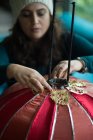 Woman making vintage lampshade — Stock Photo