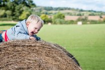 Мальчик на тюке сена смеется — стоковое фото