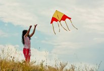 Menina com pipa voadora na colina — Fotografia de Stock