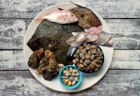 Сырые морепродукты на тарелке — стоковое фото