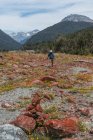 Man hiking among red coloured rocks — Stock Photo