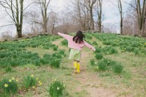 Chica corriendo en campo de narcisos - foto de stock