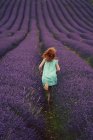Girl running through lavender field — Stock Photo