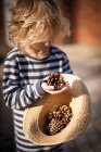 Niño sosteniendo cono de pino - foto de stock