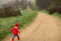 Niño caminando por el camino rural - foto de stock