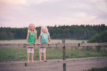 Girls standing on wooden fence — Stock Photo