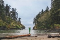 Menino de pé na madeira à deriva na praia — Fotografia de Stock