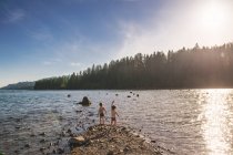 Ragazzi in piedi sul bordo del lago — Foto stock