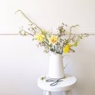 Flores de primavera em um jarro com tesoura — Fotografia de Stock