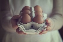 Woman hands holding box of eggs — Stock Photo
