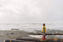 Хлопчик стоїть на колодах з видом на море — стокове фото