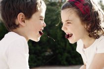 Garoto e menina cara a cara comendo cerejas — Fotografia de Stock
