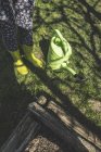 Жінка з черевиками і лійкою може в саду — стокове фото