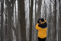 Человек фотографирует деревья в лесу — стоковое фото