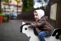 Хлопчик сидить на весняній їзді — стокове фото