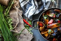 Saucepan with steamed mussels — Stock Photo