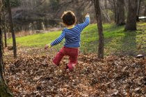 Хлопчик стрибає в стопці осіннього листя — стокове фото