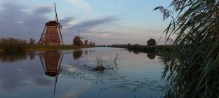 Vista panorámica de molinos de viento a lo largo del río, Kinderdijk, Países Bajos - foto de stock