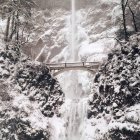 Gefrorener Wasserfall mit Brücke im Winter, Amerika, USA — Stockfoto