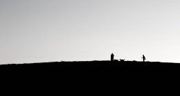 Vista lejana de padre, hija e hijo caminando con perros en la colina - foto de stock