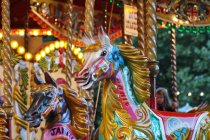 Vista de cerca de caballos de carrusel de colores en el parque de atracciones - foto de stock