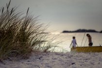 Живописный вид на пляж с играющими на заднем плане детьми — стоковое фото