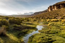 Scenic view of river and altiplano at sunset, Colchane, Tarapaca, Chile — Stock Photo