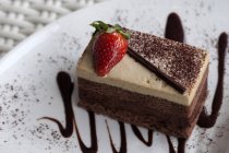 Шматочок шоколадного торта, прикрашений полуницею на тарілці — стокове фото