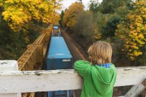 Хлопчик стоїть на мосту і дивиться на поїзд нижче — стокове фото