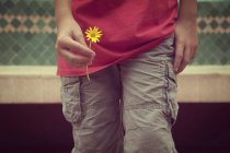 Imagen recortada de Niño sosteniendo una flor - foto de stock