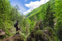 Uomo con zaino in piedi sulla roccia in natura, Gola di Vintgar, slovenia — Foto stock