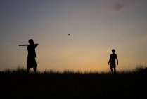 Silhueta de dois meninos jogando beisebol ao pôr do sol — Fotografia de Stock