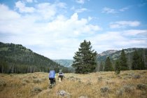 Dos personas haciendo senderismo en las montañas, Wyoming, América, EE.UU. - foto de stock