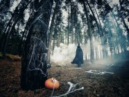 Femme habillée en sorcière marchant dans la forêt — Photo de stock