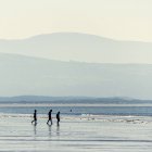 Vista laterale delle silhouette dei bambini che camminano sulla spiaggia — Foto stock