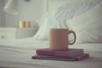 Tazza e due libri su un letto, primo piano — Foto stock