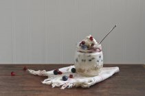 Parfait allo yogurt con muesli e bacche fresche contro parete bianca — Foto stock
