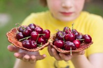 Boy holding two bowls of fresh cherries — Stock Photo