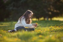 Mädchen pflückt Löwenzahn auf Blumenwiese — Stockfoto