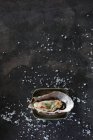 Свежая устрица на черном фоне с укропом и солью — стоковое фото