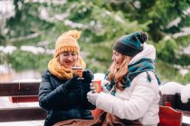 Duas mulheres sentadas na neve com bebida quente — Fotografia de Stock