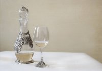 Decantador e copo de vinho branco na mesa branca servida — Fotografia de Stock