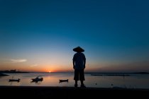 Silueta de una persona irreconocible con un sombrero tradicional, Okinawa, Japón - foto de stock