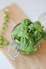 Fresh basil leaves in glass jar over cooking paper — Stock Photo