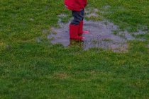Sezione bassa di bambino che indossa stivali wellington in piedi in una pozzanghera sul prato — Foto stock